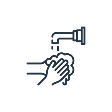 El yıkama vektör simgesi. Elle yıkanabilir felç. Web ve mobil uygulamalarda kullanmak için el yıkama lineer sembolü, logo, yazdırma medyası. İnce çizgili çizim. Vektör izole çizimi.