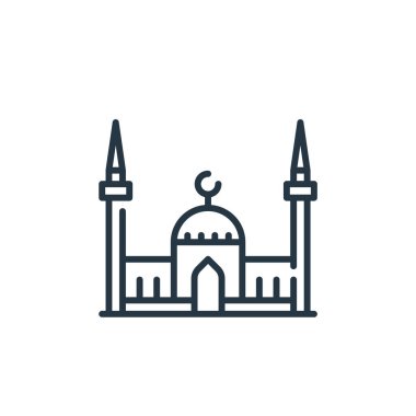 Cami vektör simgesi. Cami kurgulanabilir vuruşu. Web ve mobil uygulamalarda kullanmak için cami doğrusal sembolü, logo, yazdırma medyası. İnce çizgili çizim. Vektör izole çizimi.
