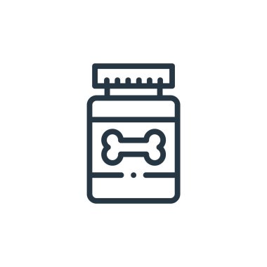 Köpek maması ikonu. Kurgulanabilir köpek maması vuruşu. Web ve mobil uygulamalarda, logoda ve yazılı medyada kullanmak için köpek maması doğrusal sembolü. İnce çizgili çizim. Vektör izole çizimi.