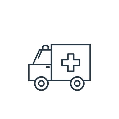 Ambulans vektör simgesi. Ambulans inme inmesi. Web ve mobil uygulamalarda, logoda ve yazılı medyada kullanılacak ambülans lineer sembolü. İnce çizgili çizim. Vektör izole çizimi.
