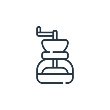 Kahve öğütücü vektör ikonu. Kahve öğütücüsü inme inmesi. İnternet ve mobil uygulamalarda, logoda ve yazılı medyada kullanılmak üzere kahve öğütücü lineer sembolü. İnce çizgili çizim. Vektör izole çizimi.