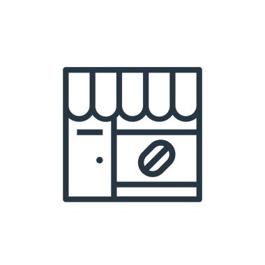 Kahve dükkanı vektör ikonu. Kafeterya felci. İnternet ve mobil uygulamalarda, logoda ve yazılı medyada kullanılmak üzere kafenin doğrusal sembolü. İnce çizgili çizim. Vektör izole çizimi.