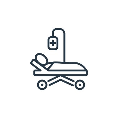 Hastane yatak vektör ikonu. Hastane yatağında düzenlenebilir felç. İnternet ve mobil uygulamalarda kullanım için hastane yatağı lineer sembolü, logo, yazdırma medyası. İnce çizgili çizim. Vektör izole çizimi.