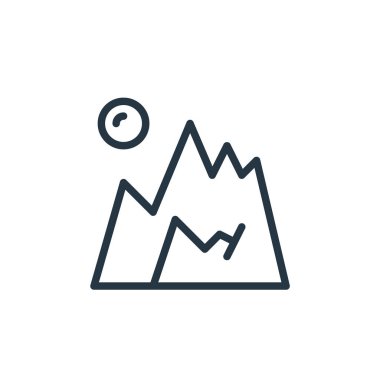 Dağ vektör simgesi. Dağda düzenlenebilir vuruş. Web ve mobil uygulamalarda kullanmak için dağ doğrusal sembolü, logo, yazdırma medyası. İnce çizgili çizim. Vektör izole çizimi.