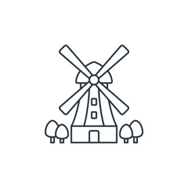Yel değirmeni vektör simgesi. Yel değirmeni gibi. Yel değirmeni lineer sembolü web ve mobil uygulamalar, logo, yazdırma medyası için. İnce çizgili çizim. Vektör izole çizimi.