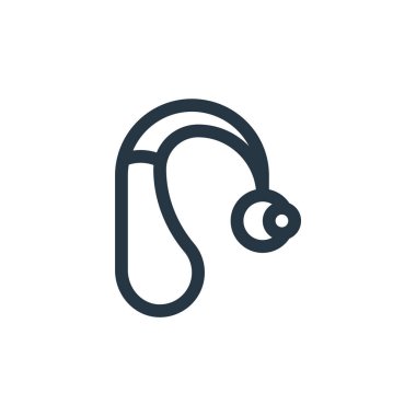 İşitme cihazı vektör simgesi. İşitme cihazı inmesi. Web ve mobil uygulamalarda, logoda ve yazılı medyada kullanım için işitme yardımı doğrusal sembolü. İnce çizgili çizim. Vektör izole çizimi.