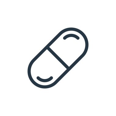 Kapsül vektör simgesi. Kapsül yenilebilir felç. Web ve mobil uygulamalarda kullanmak için kapsül doğrusal sembolü, logo, yazdırma ortamı. İnce çizgili çizim. Vektör izole çizimi.