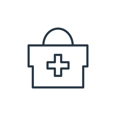 İlaç kiti vektör simgesi. İlaç kiti inme inmesi. İnternet ve mobil uygulamalarda, logoda ve yazılı medyada kullanmak için ilaç kiti doğrusal sembolü. İnce çizgili çizim. Vektör izole çizimi.