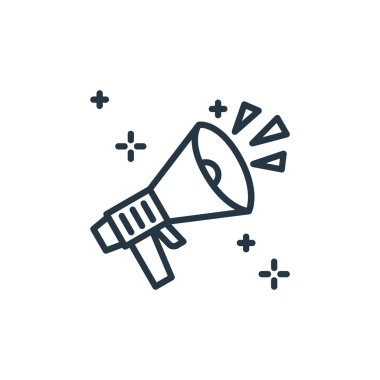 promosyon vektör simgesi. Terfi edilebilir felç. Web ve mobil uygulamalarda kullanım için promosyon lineer sembolü, logo, yazdırma medyası. İnce çizgili çizim. Vektör izole çizimi.