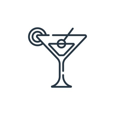Martini vektör ikonu. Düzenlenebilir martini vuruşu. İnternet ve mobil uygulamalarda kullanmak için martini doğrusal sembolü, logo, yazdırma medyası. İnce çizgili çizim. Vektör izole çizimi.