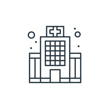 Hastane vektör ikonu. Hastane felci. İnternet ve mobil uygulamalarda kullanım için hastane lineer sembolü, logo, yazdırma medyası. İnce çizgili çizim. Vektör izole çizimi.