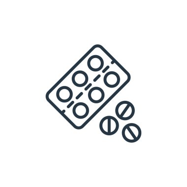 İlaç vektör ikonu. Düzenlenebilir felç. İnternet ve mobil uygulamalarda, logoda ve yazılı medyada kullanılmak üzere doğrusal hap sembolü. İnce çizgili çizim. Vektör izole çizimi.