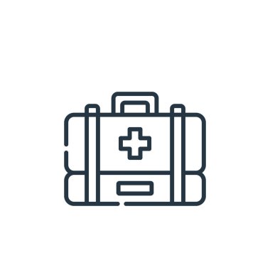 İlk yardım çantası vektör simgesi. İlk yardım seti, düzenlenebilir felç. Web ve mobil uygulamalarda kullanmak için ilk yardım çantası lineer sembolü, logo, yazdırma ortamı. İnce çizgili çizim. Vektör izole çizimi.