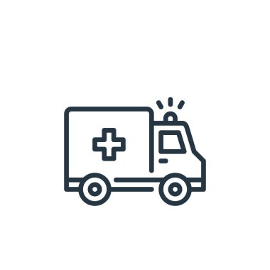 Ambulans vektör simgesi. Ambulans inme inmesi. Web ve mobil uygulamalarda, logoda ve yazılı medyada kullanılacak ambülans lineer sembolü. İnce çizgili çizim. Vektör izole çizimi.