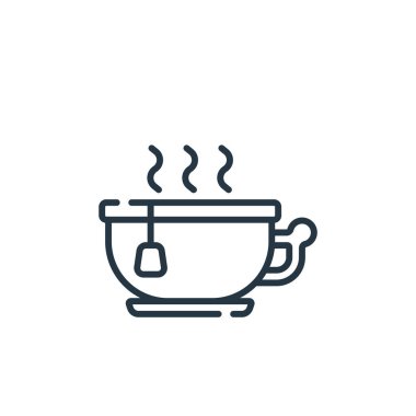 Çay fincanı vektör simgesi. Çay fincanı inme inmesi. Web ve mobil uygulamalarda kullanmak için çay fincanı lineer sembolü, logo, yazdırma medyası. İnce çizgili çizim. Vektör izole çizimi.