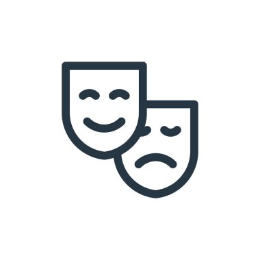 Tiyatro maskesi vektör simgesi. Tiyatro maskeleri değiştirilebilir felç. Tiyatro, web ve mobil uygulamalarda kullanmak için doğrusal sembolü maskeler, logo, yazdırma medyası. İnce çizgili çizim. Vektör izole çizimi.