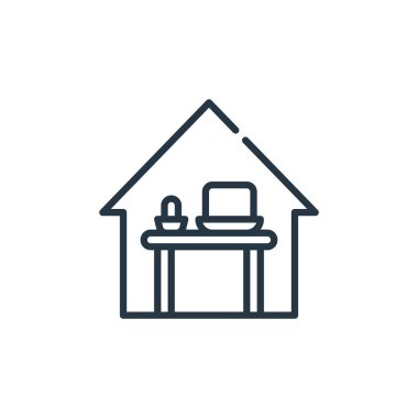 Ev vektör simgesinde çalışıyor. Evde çalışmak, düzenlenebilir vuruş. Web ve mobil uygulamalarda, logoda ve yazılı medyada kullanım için ev doğrusal sembolde çalışmak. İnce çizgili çizim. Vektör izole çizimi.