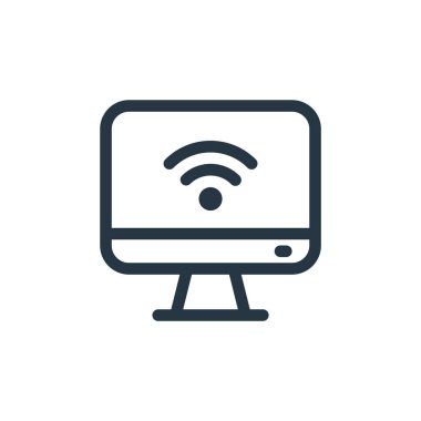 Bilgisayar vektör simgesi. Bilgisayarda düzenlenebilir felç. İnternet ve mobil uygulamalarda, logoda, yazıcı ortamında kullanmak için bilgisayar doğrusal sembolü. İnce çizgili çizim. Vektör izole çizimi.