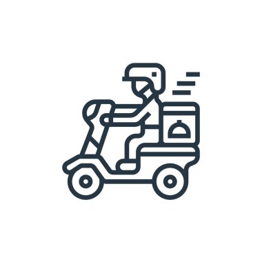 Yemek teslimatı vektör simgesi. Yemek dağıtımı düzenlenebilir felç. İnternet ve mobil uygulamalarda kullanım için yiyecek dağıtım lineer sembolü, logo, yazdırma medyası. İnce çizgili çizim. Vektör izole çizimi.