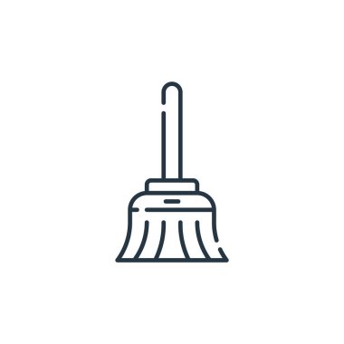 Süpürge vektör simgesi. Kurgulanabilir süpürge darbesi. Web ve mobil uygulamalarda kullanmak için süpürge doğrusal sembolü, logo, yazdırma medyası. İnce çizgili çizim. Vektör izole çizimi.