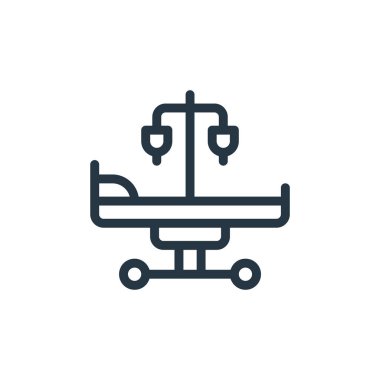 Hastane yatak vektör ikonu. Hastane yatağında düzenlenebilir felç. İnternet ve mobil uygulamalarda kullanım için hastane yatağı lineer sembolü, logo, yazdırma medyası. İnce çizgili çizim. Vektör izole çizimi.