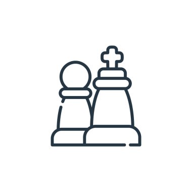 Satranç vektör simgesi. Yenilebilir satranç vuruşu. İnternet ve mobil uygulamalarda kullanım için satranç lineer sembolü, logo, yazdırma medyası. İnce çizgili çizim. Vektör izole çizimi.