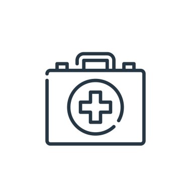 İlk yardım çantası vektör simgesi. İlk yardım seti, düzenlenebilir felç. Web ve mobil uygulamalarda kullanmak için ilk yardım çantası lineer sembolü, logo, yazdırma ortamı. İnce çizgili çizim. Vektör izole çizimi.