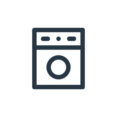 çamaşır makinesi vektör simgesi. Yıkanabilir çamaşır makinesi vuruşu. Ağ ve mobil uygulamalarda kullanım için çamaşır makinesi doğrusal sembolü, logo, yazdırma medyası. İnce çizgili çizim. Vektör izole çizimi.