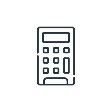 Hesap makinesi vektör simgesi. Hesap makinesi, düzeltilebilir vuruş. Web ve mobil uygulamalarda kullanmak için hesap makinesi doğrusal sembolü, logo, yazdırma ortamı. İnce çizgili çizim. Vektör izole çizimi.