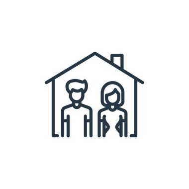 Ev vektör simgesinde kal. Evde kalıp düzenlenebilir vuruşlar yap. Web ve mobil uygulamalarda, logoda ve yazılı medyada kullanım için ev doğrusal sembolünde kalın. İnce çizgili çizim. Vektör izole çizimi.