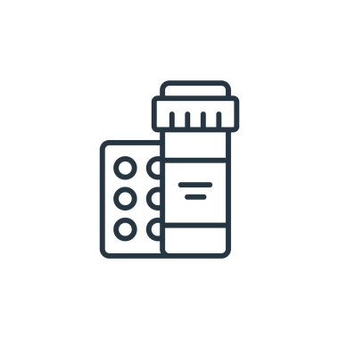 İlaç vektör simgesi. İlaç tedavisi uygulanabilir felç. İnternet ve mobil uygulamalarda, logoda ve yazılı medyada kullanmak için ilaç doğrusal sembolü. İnce çizgili çizim. Vektör izole çizimi.