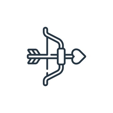 Cupid yay vektör simgesi. Eros yay darbesi. Ağ ve mobil uygulamalarda, logoda, yazıcı ortamında kullanılması için ok doğrusal sembolü. İnce çizgili çizim. Vektör izole çizimi.