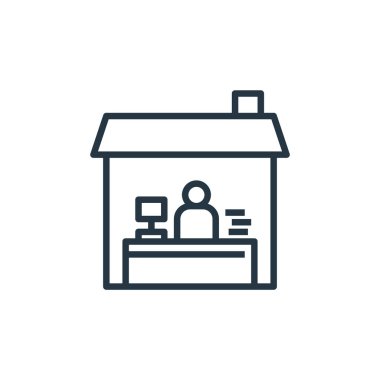 Ofis vektör simgesi. Ofis içi düzenlenebilir felç. İnternet ve mobil uygulamalarda, logoda ve yazılı medyada kullanım için ev ofisinin lineer sembolü. İnce çizgili çizim. Vektör izole çizimi.