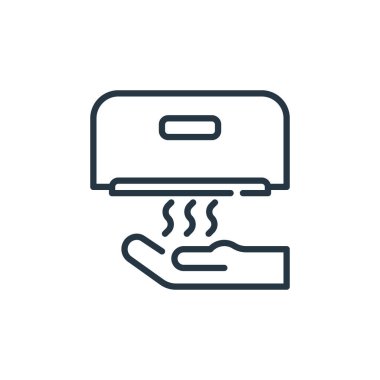 el kurutma vektör simgesi. El kurutma makinesi inmesi. Web ve mobil uygulamalarda kullanmak için el kurutma makinesi lineer sembolü, logo, yazdırma medyası. İnce çizgili çizim. Vektör izole çizimi.