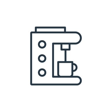 Kahve makinesi vektör simgesi. Kahve makinesi inme inmesi. Web ve mobil uygulamalarda, logoda ve yazılı medyada kullanılmak üzere kahve makinesi doğrusal sembolü. İnce çizgili çizim. Vektör izole çizimi.