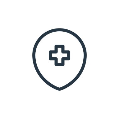 Hastane işareti vektör ikonu. Hastane imzası, düzeltilebilir felç. İnternet ve mobil uygulamalarda, logoda ve yazılı medyada kullanılmak üzere hastane imzası lineer sembolü. İnce çizgili çizim. Vektör izole çizimi.