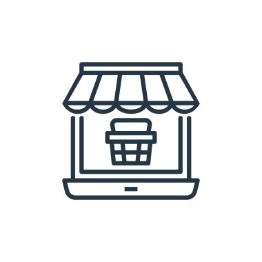 Çevrimiçi satış vektör simgesi. İnternet üzerinden düzenlenebilir felç. İnternet ve mobil uygulamalarda kullanmak için çevrimiçi dükkan lineer sembolü, logo, yazdırma medyası. İnce çizgili çizim. Vektör izole çizimi.