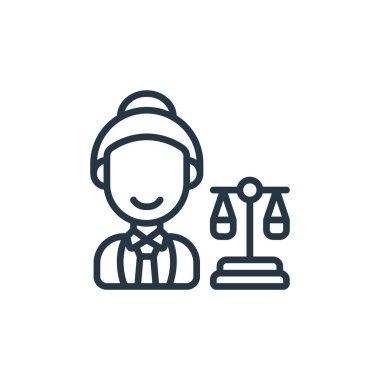 Avukat vektör ikonu. Kurgulanabilir avukat felci. Web ve mobil uygulamalarda kullanım için avukat doğrusal sembolü, logo, yazdırma medyası. İnce çizgili çizim. Vektör izole çizimi.