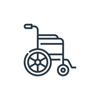 Tekerlekli sandalye ikonu. Tekerlekli sandalye inmesi. Tekerlekli sandalye lineer sembolü web ve mobil uygulamalarda, logoda, yazılı medyada kullanılıyor. İnce çizgili çizim. Vektör izole çizimi.