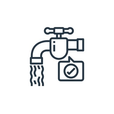 Su musluğu vektör simgesi. Su musluğu inme inmesi. İnternet ve mobil uygulamalarda, logoda ve yazılı medyada kullanılmak üzere su musluğu doğrusal sembolü. İnce çizgili çizim. Vektör izole çizimi.