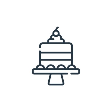 Kek vektör simgesi. Kurgulanabilir pasta felci. Web ve mobil uygulamalarda kullanmak için pasta doğrusal sembolü, logo, yazdırma medyası. İnce çizgili çizim. Vektör izole çizimi.