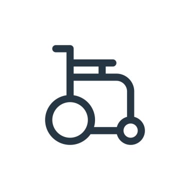 Tekerlekli sandalye vektör simgesi. Tekerlekli sandalye inme. Web ve mobil uygulamalarda kullanmak için tekerlekli sandalye lineer sembolü, logo, yazdırma medyası. İnce çizgili çizim. Vektör izole çizimi.