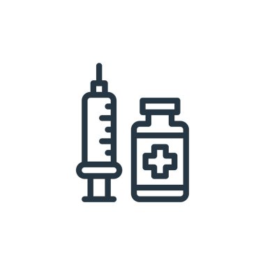 Aşı vektör ikonu. Aşı yenilebilir felç. İnternet ve mobil uygulamalarda, logoda ve yazılı medyada kullanım için aşı doğrusal sembolü. İnce çizgili çizim. Vektör izole çizimi.