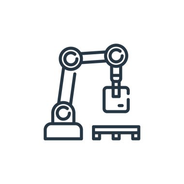 Robotik kol vektör simgesi. Robotik kol hareketi. Web ve mobil uygulamalarda, logoda ve yazılı medyada kullanmak için robotik kol lineer sembolü. İnce çizgili çizim. Vektör izole çizimi.