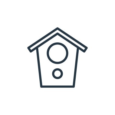 Kuş evi vektör simgesi. Kuş yuvası inmesi. Web ve mobil uygulamalarda, logoda ve yazılı medyada kullanılmak üzere kuş evi doğrusal sembolü. İnce çizgili çizim. Vektör izole çizimi.