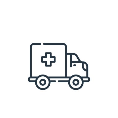 Ambulans vektör simgesi. Ambulans inme inmesi. Web ve mobil uygulamalarda, logoda ve yazılı medyada kullanılacak ambülans lineer sembolü. İnce çizgili çizim. Vektör izole çizimi.