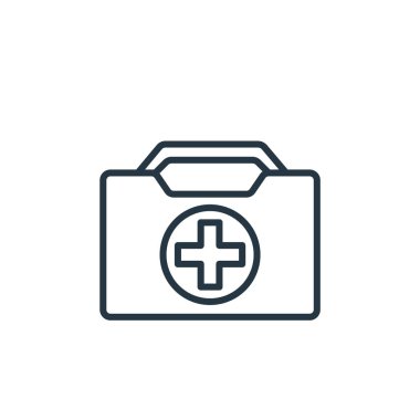 Tıbbi malzeme vektör ikonu. İlk yardım çantası inmesi. Web ve mobil uygulamalarda, logoda ve yazılı medyada kullanılmak üzere tıbbi teçhizat lineer sembolü. İnce çizgili çizim. Vektör izole çizimi.