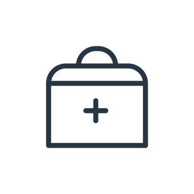 Tıbbi malzeme vektör ikonu. İlk yardım çantası inmesi. Web ve mobil uygulamalarda, logoda ve yazılı medyada kullanılmak üzere tıbbi teçhizat lineer sembolü. İnce çizgili çizim. Vektör izole çizimi.