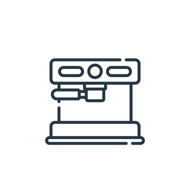 Kahve makinesi vektör simgesi. Kahve makinesi inme inmesi. Web ve mobil uygulamalarda, logoda ve yazılı medyada kullanılmak üzere kahve makinesi doğrusal sembolü. İnce çizgili çizim. Vektör izole çizimi.