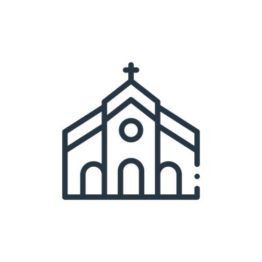 Kilise vektör ikonu. Kilise kurgulanabilir inme. İnternet ve mobil uygulamalarda kullanım için kilise lineer sembolü, logo, yazdırma medyası. İnce çizgili çizim. Vektör izole çizimi.